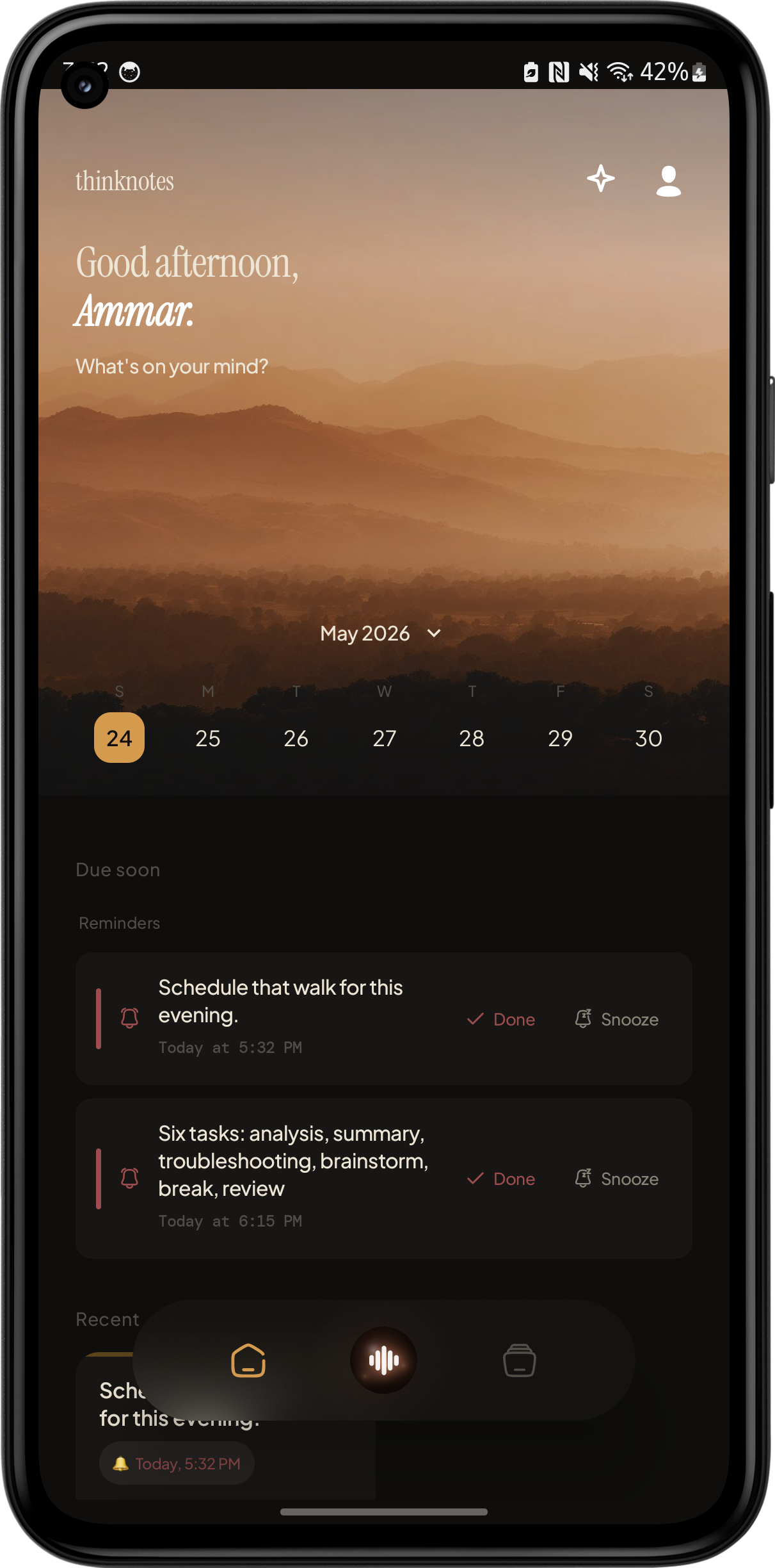 Thinknotes today screen — your daily home for thoughts and reminders