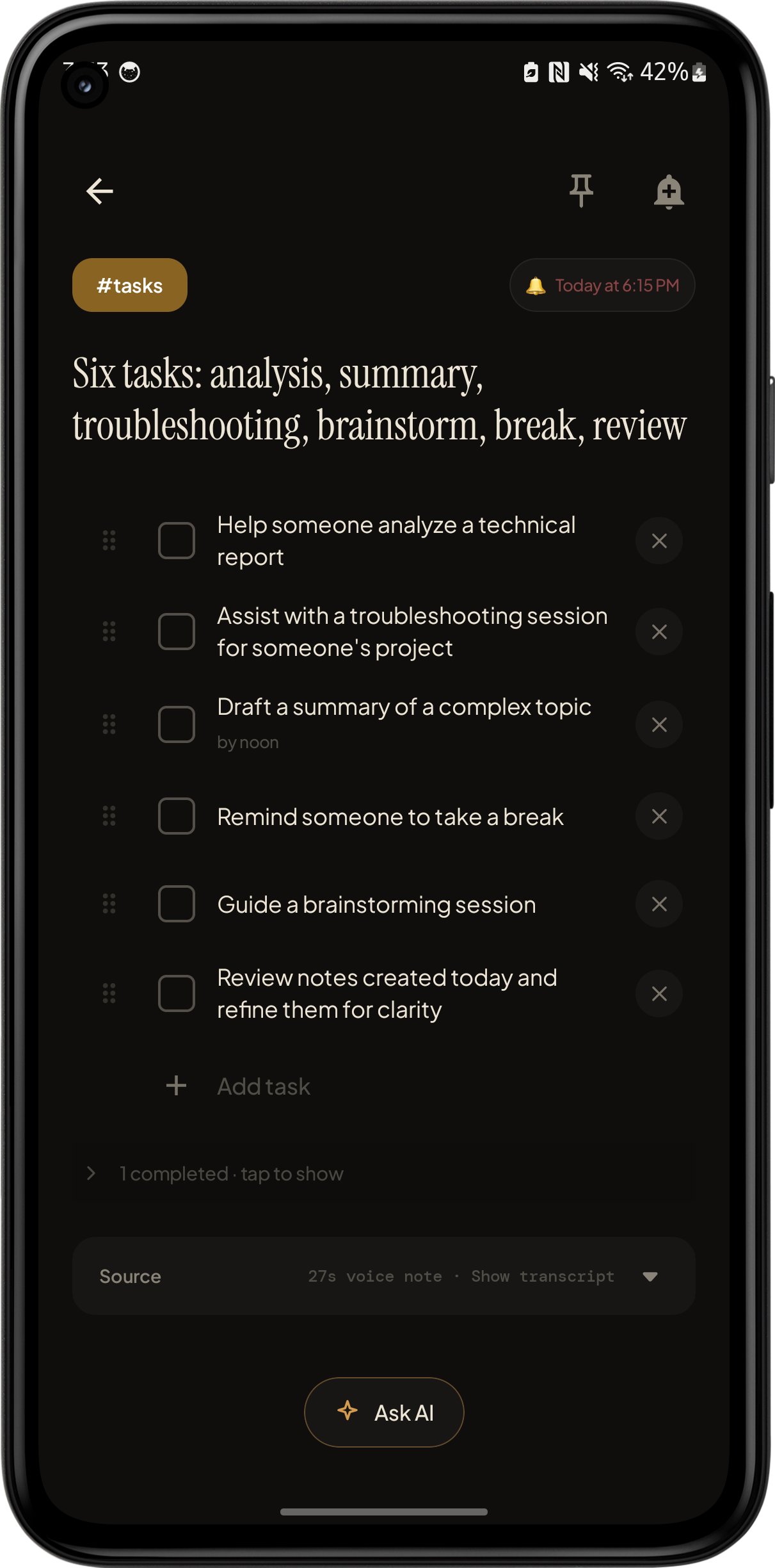 Six tasks extracted from a 27-second voice note