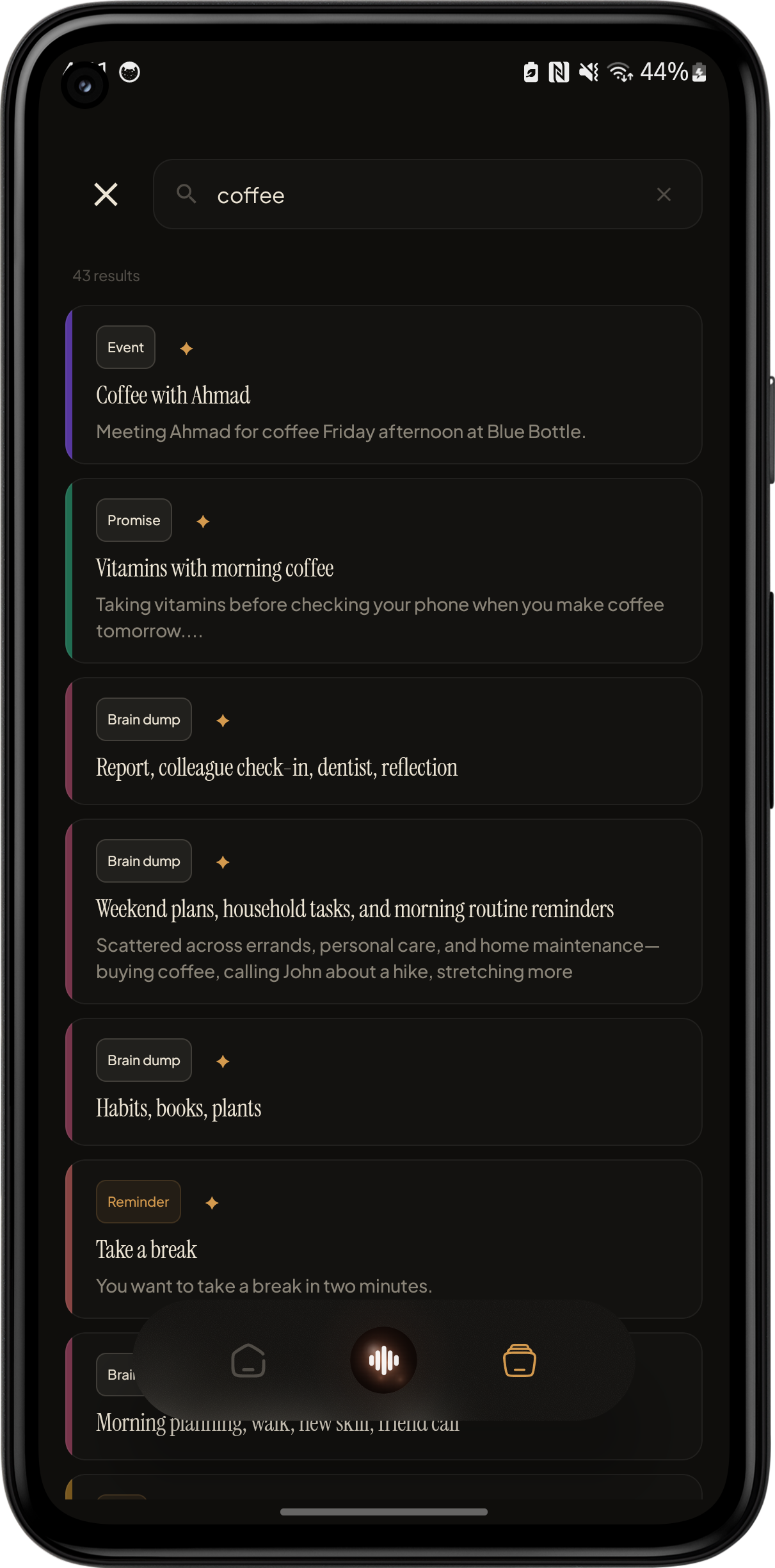Search for 'Coffee' returns 26 results across multiple intent categories