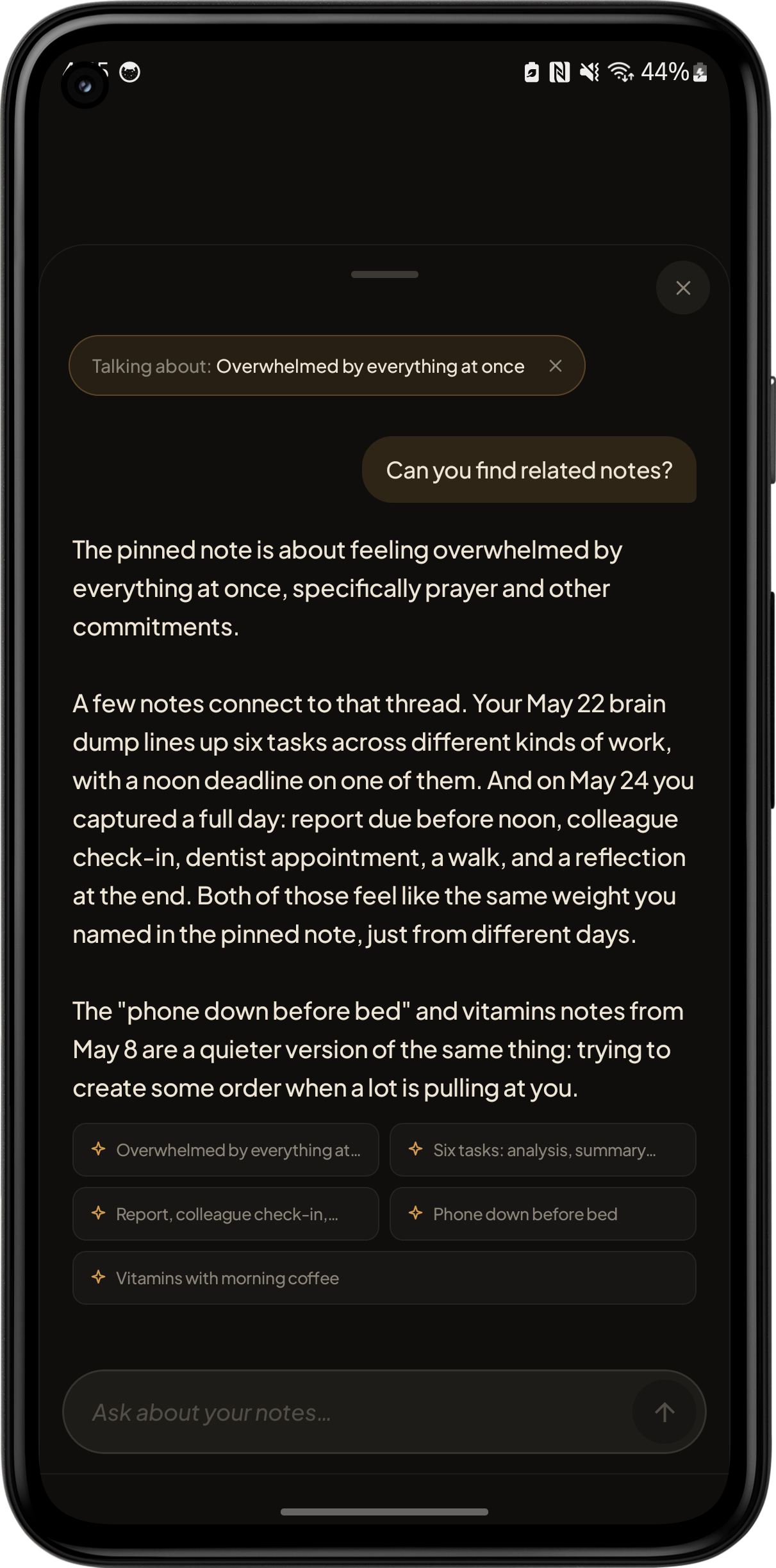 Chat sheet asks a question and gets an answer grounded in the user's own notes