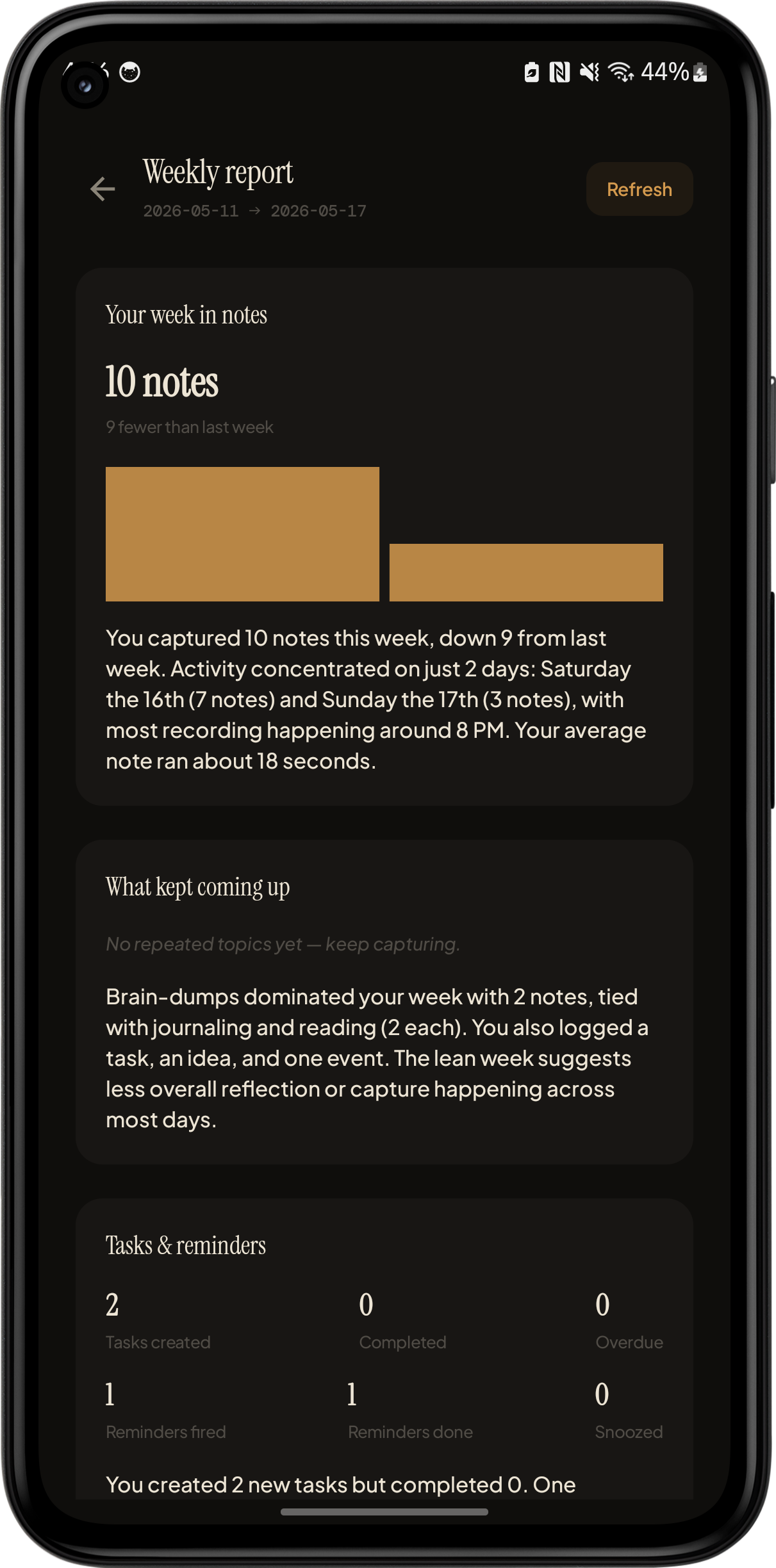 Weekly report — number of notes captured, what kept coming up, tasks and reminders status